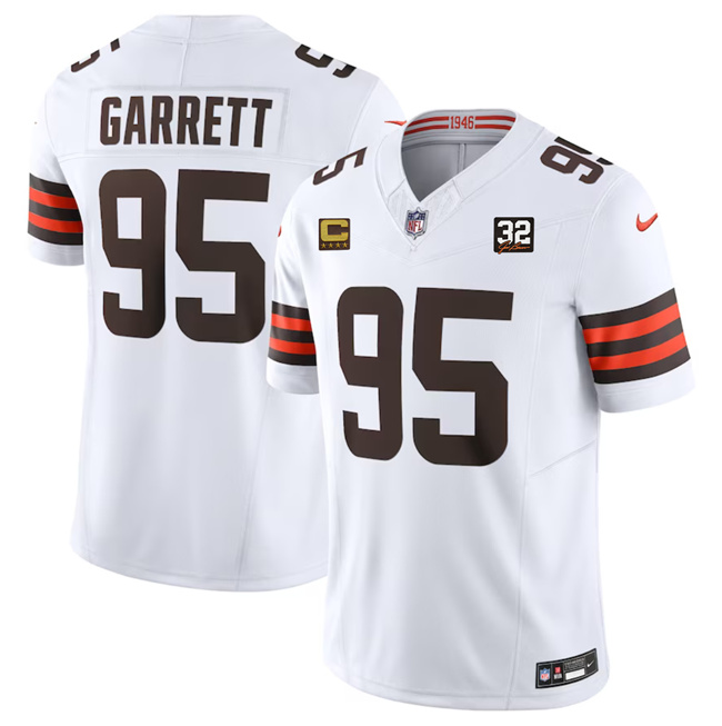 Men's Cleveland Browns #95 Myles Garrett White 2023 F.U.S.E. With 4-Star C Patch And Jim Brown Memorial Patch Vapor Untouchable Limited Football Stitched Jersey